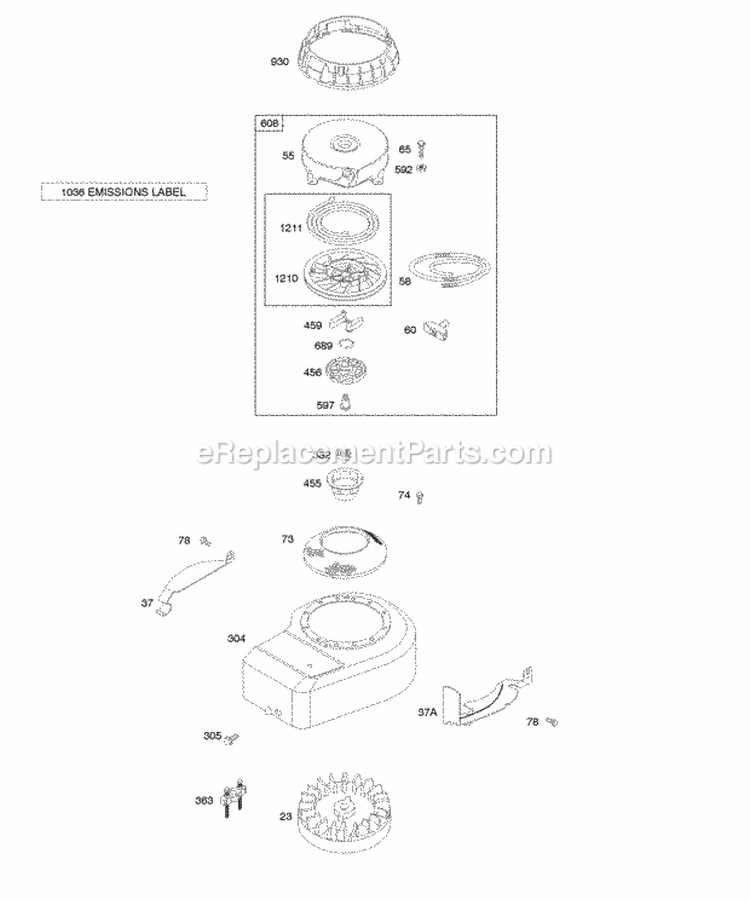 Blower HousingShrouds Flywheel Rewind Starter Diagram and Parts List for 09H902-0146-E1  Briggs and Stratton Engine